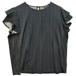 Adrianna Papell Women's Tunic Blouse Flutter Sleeve Stretch Sz L Navy Polka Dot